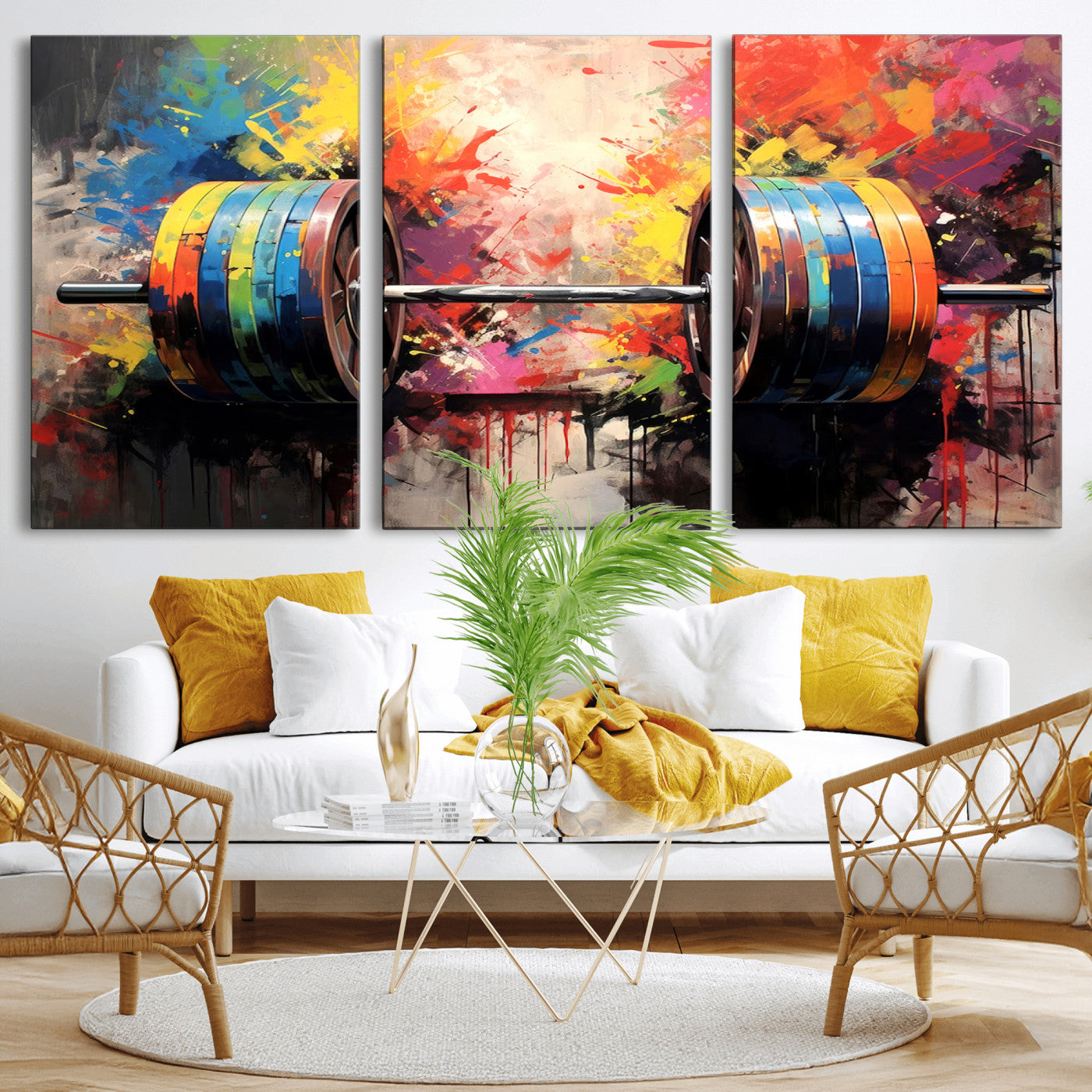 MGV-CV-60X30-3P - Weightlifting Barbell Art Triptych, Bold Abstract Fitness Wall Decor for Gym or Home, Giclee Canvas Print