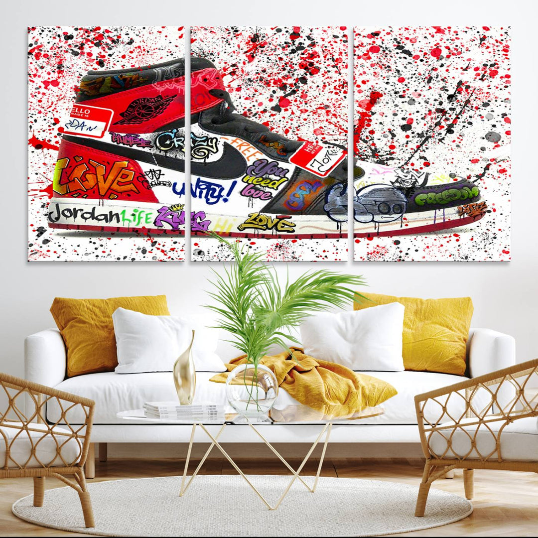 A Jordan Shoes Graffiti Canvas Print hangs prominently, perfect for sneakerheads and urban art lovers.