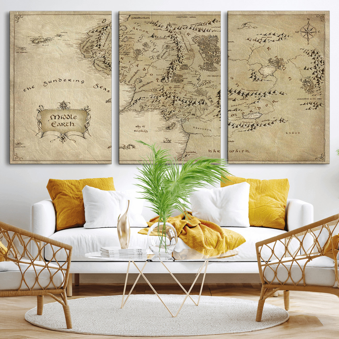 MGV-CV-60X30-3P - Lord Of The Rings Middle Earth Map Canvas Wall Art Print, Vintage Style Lord of the Rings Wall Art for Fantasy Decor