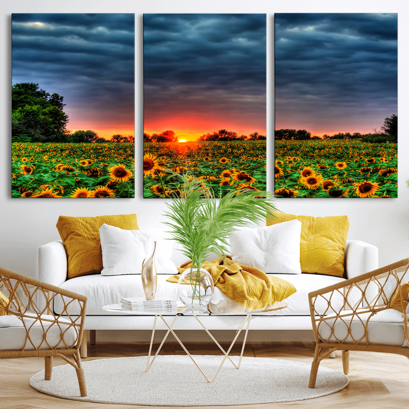 MGV-CV-60X30-3P - Golden Sunflower Field at Sunset – Breathtaking Sky and Vibrant Flowers, Ready to Hang Wall Art