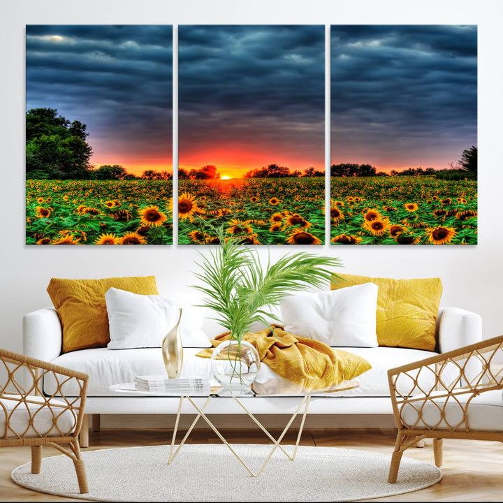 A Golden Sunflower Field at Sunset ready-to-hang wall art canvas print.