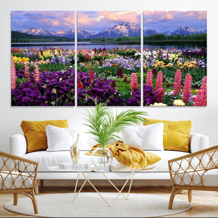 A Vibrant Wildflower Garden and Mountain View Giclee Print is displayed prominently on the wall.