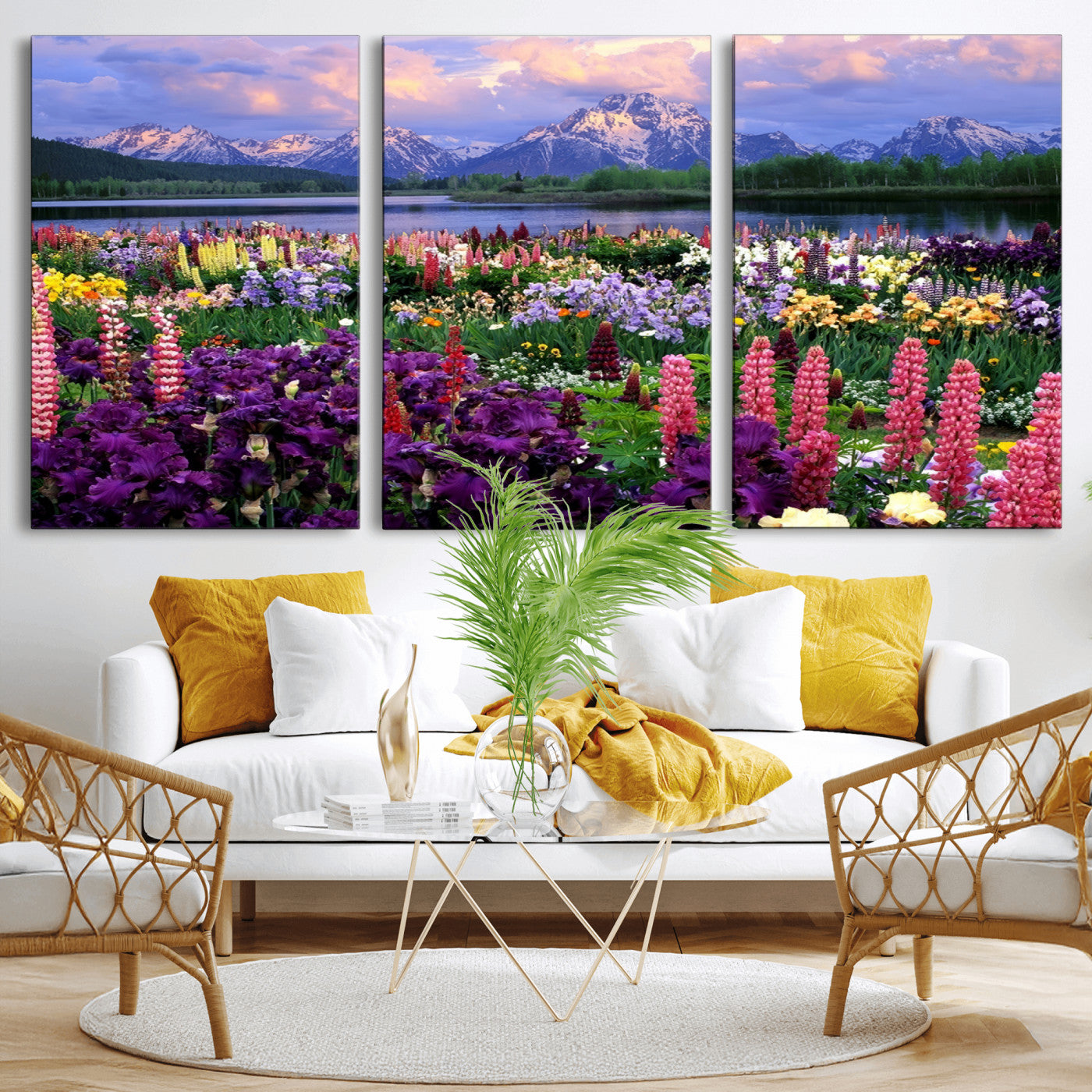 MGV-CV-60X30-3P - Vibrant Wildflower Garden and Mountain View Giclee Canvas Print | Floral Wall Art for Living Room