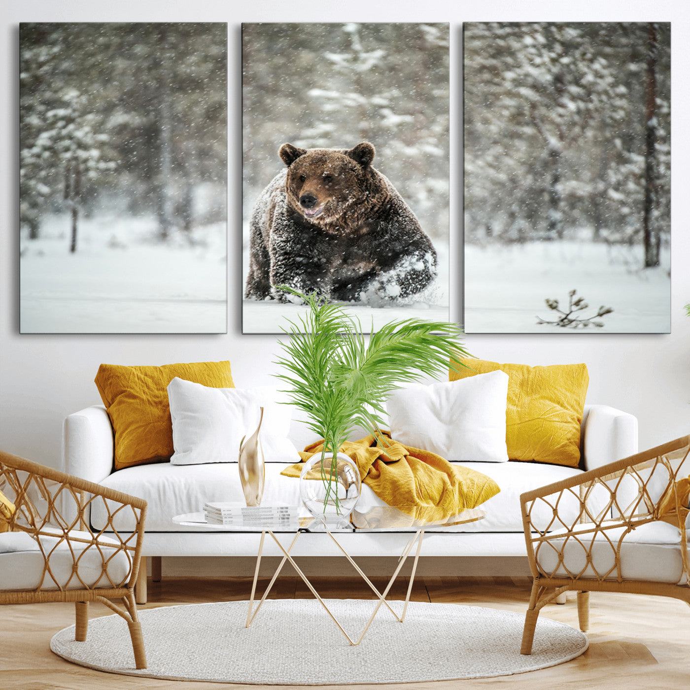 A majestic brown bear moves through a snowy forest landscape, surrounded by falling snowflakes, capturing the essence of wildlife in winter.