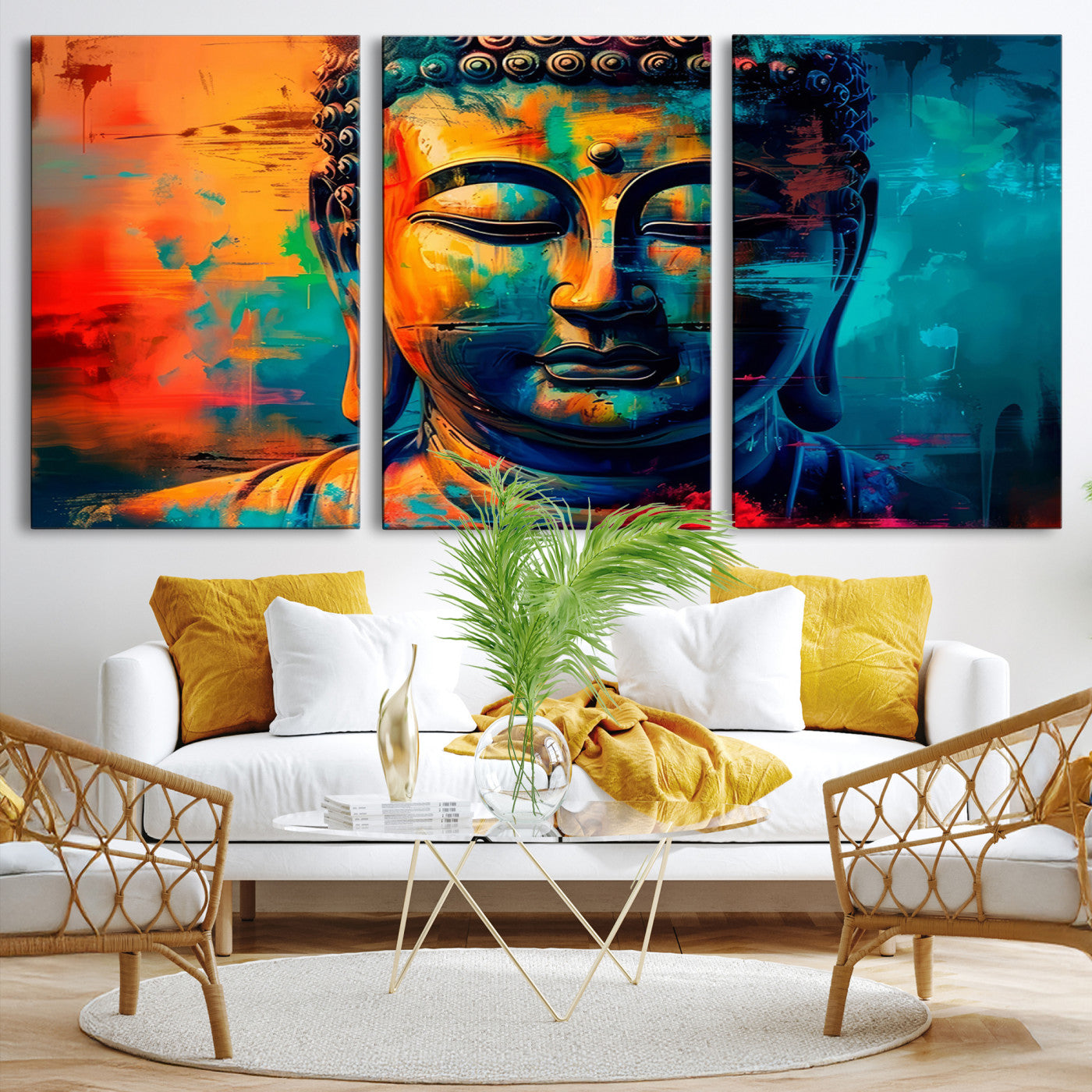 A vibrant, abstract artistic rendition of a Buddha statue face, blending bold and contrasting colors to evoke a sense of peace, spirituality, and enlightenment.