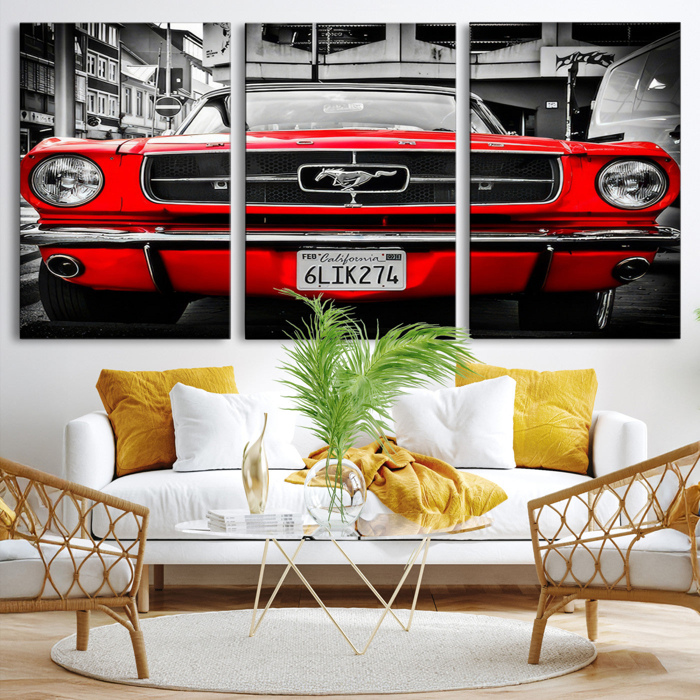 Front view of a bold red 1960s Ford Mustang parked in an urban environment, captured in dramatic contrast with a black-and-white city backdrop, emphasizing its timeless American muscle car identity.