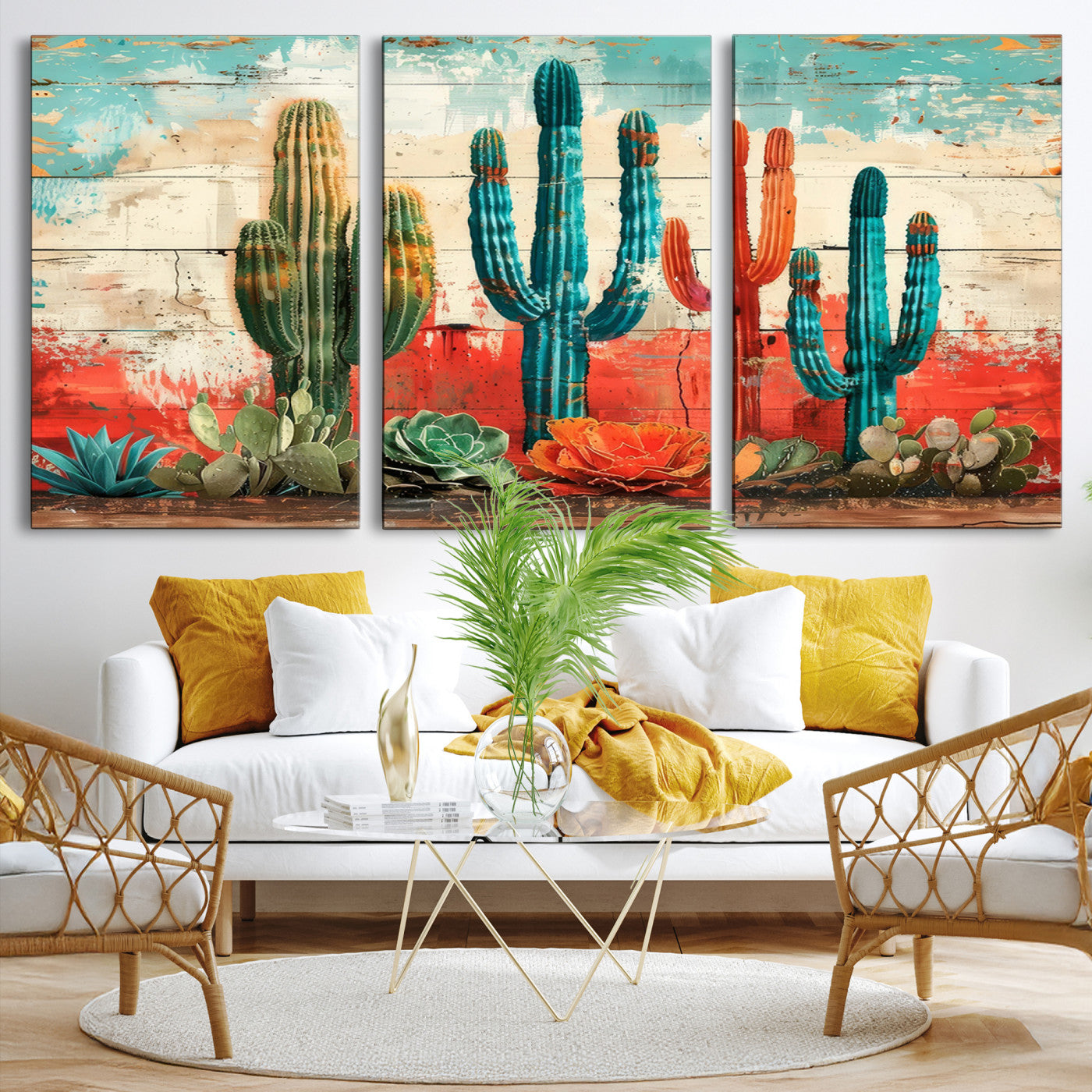 A vivid southwestern-style artwork featuring an eclectic mix of cacti and succulents painted against a textured, rustic wood backdrop in rich turquoise, red, and orange hues.