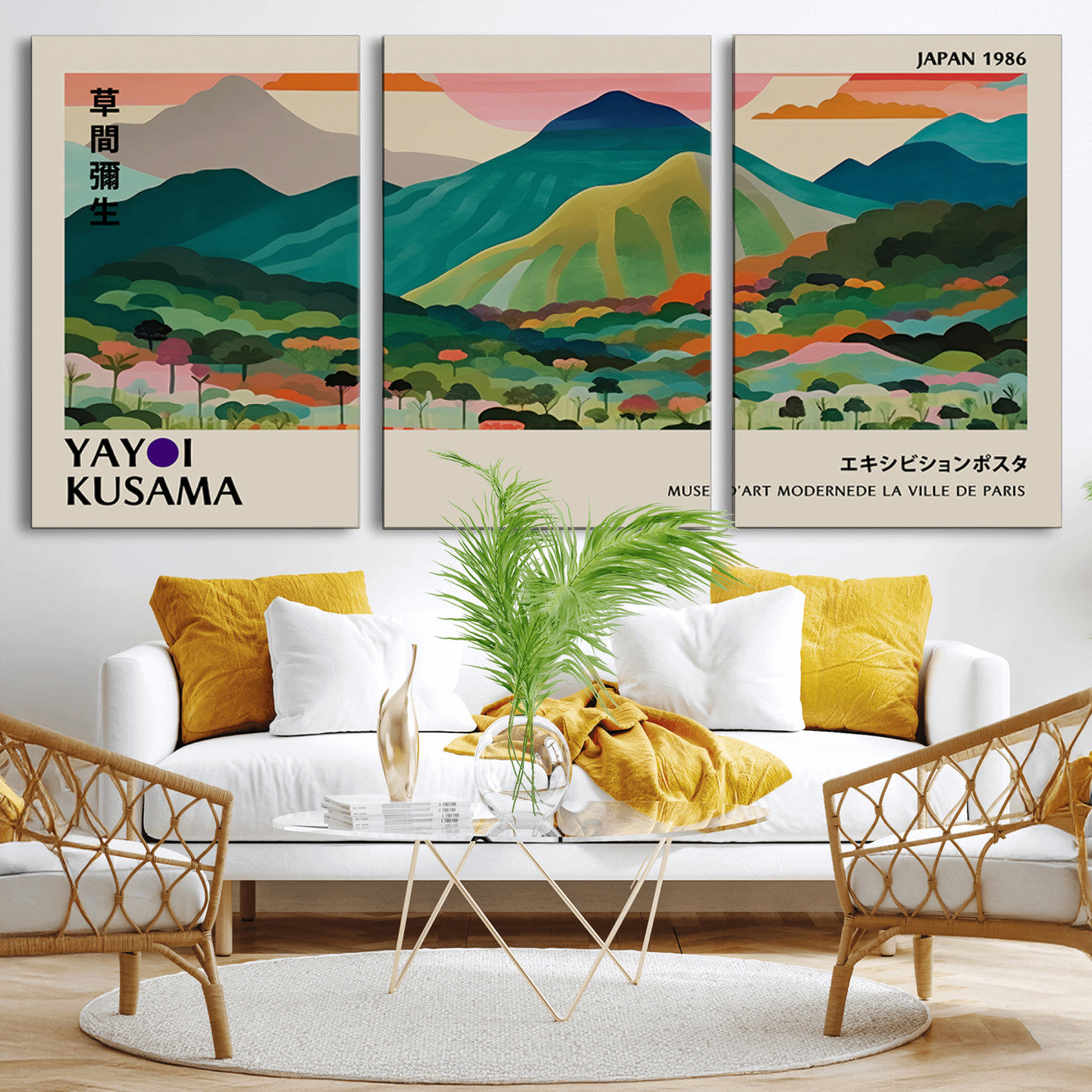 MGV-CV-60X30-3P - Yayoi Kusama Wall Art, Yayoi Wall Art Canvas, Vibrant Mountain Landscape Canvas Print with Bold