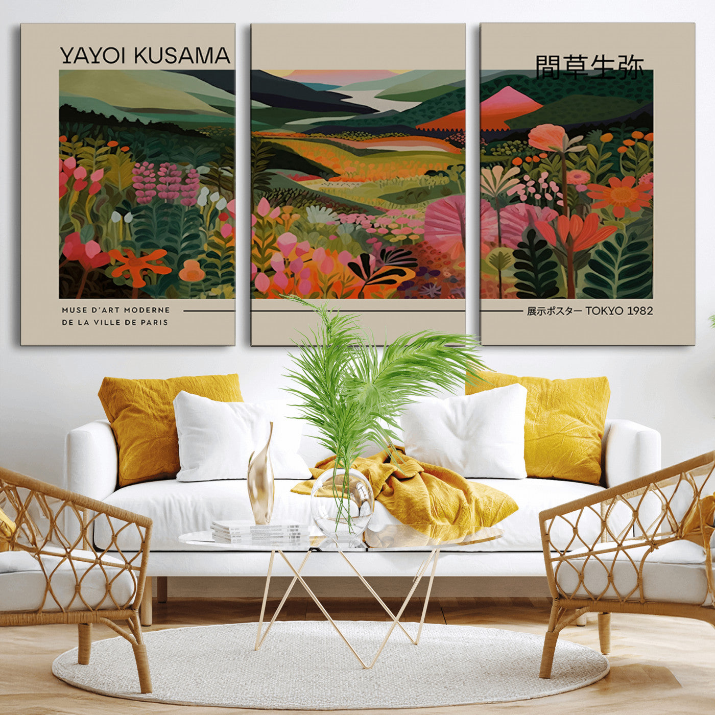 MGV-CV-60X30-3P - Yayoi Kusama Landscape Canvas Print, Vibrant Floral Mountain Art Print, Botanical Flower Nature