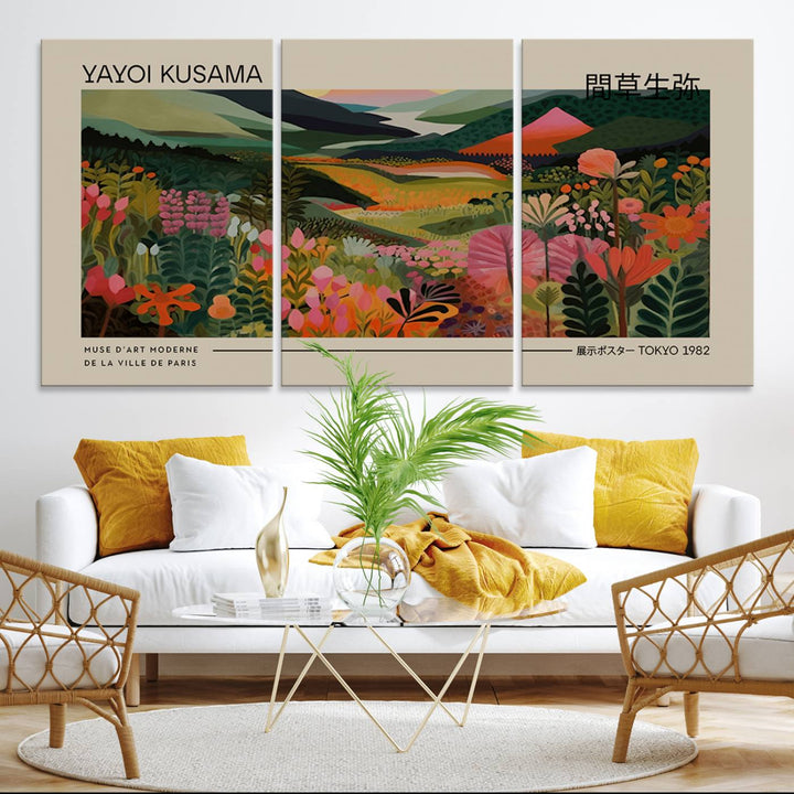 A Yayoi Kusama Landscape Canvas Print brightens the wall with vibrant floral and mountain art.