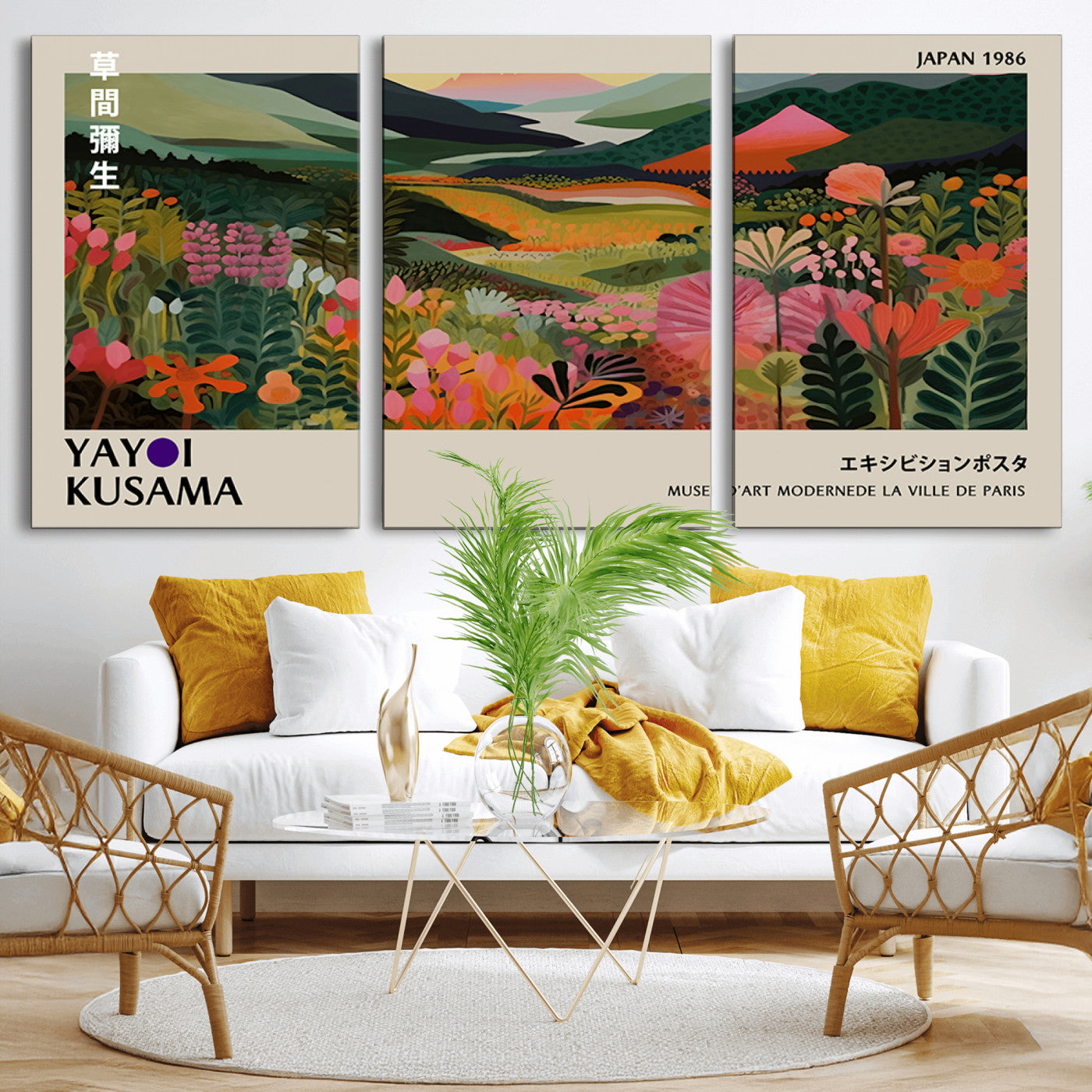 MGV-CV-60X30-3P - Yayoi Kusama Abstract Print, Vibrant Floral Mountain Art Print, Botanical Flower Nature Decor,