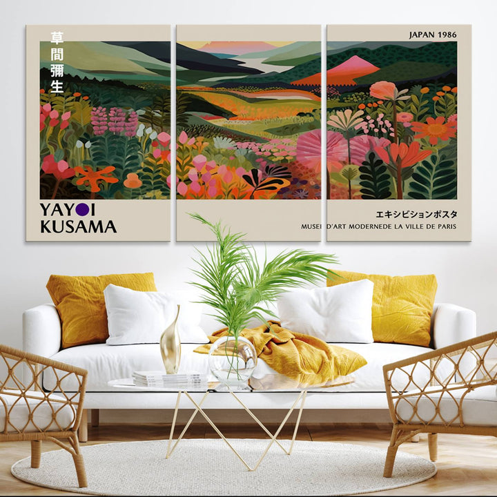 Yayoi Kusamas Landscape Canvas Print with vibrant floral mountain art adorns the wall.