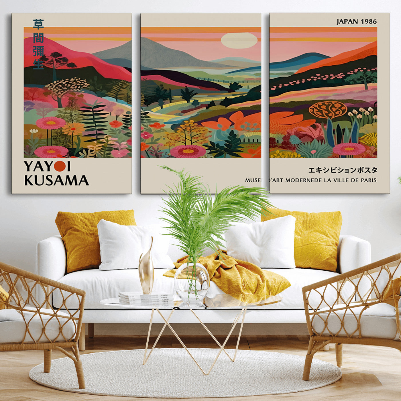 MGV-CV-60X30-3P - Yayoi Kusama Landscape Canvas Print, Vibrant Floral Mountain Art Print, Botanical Flower Nature