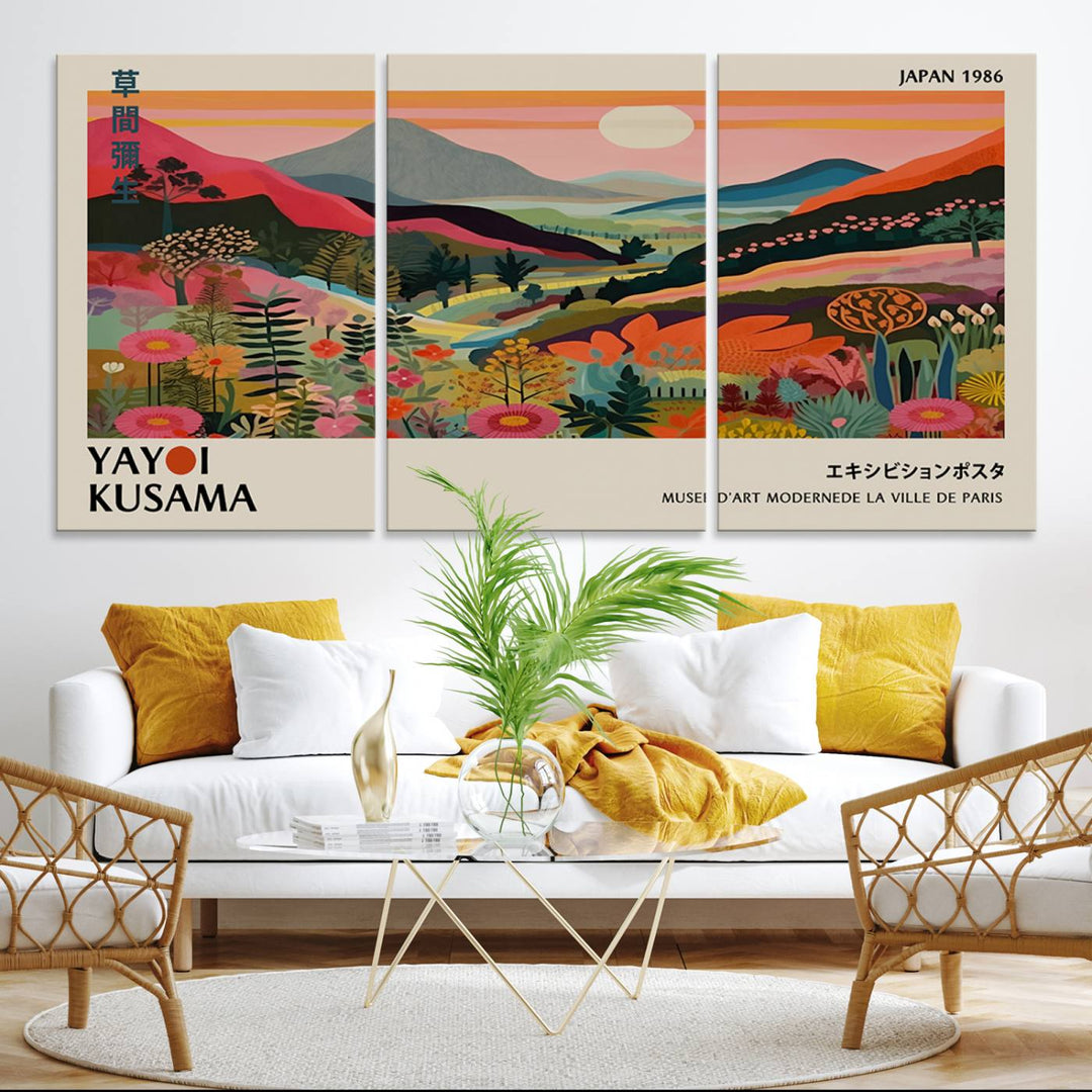 Yayoi Kusama Landscape Canvas Print: Vibrant mountain, sun, trees, and flowers art titled Japan 1936.