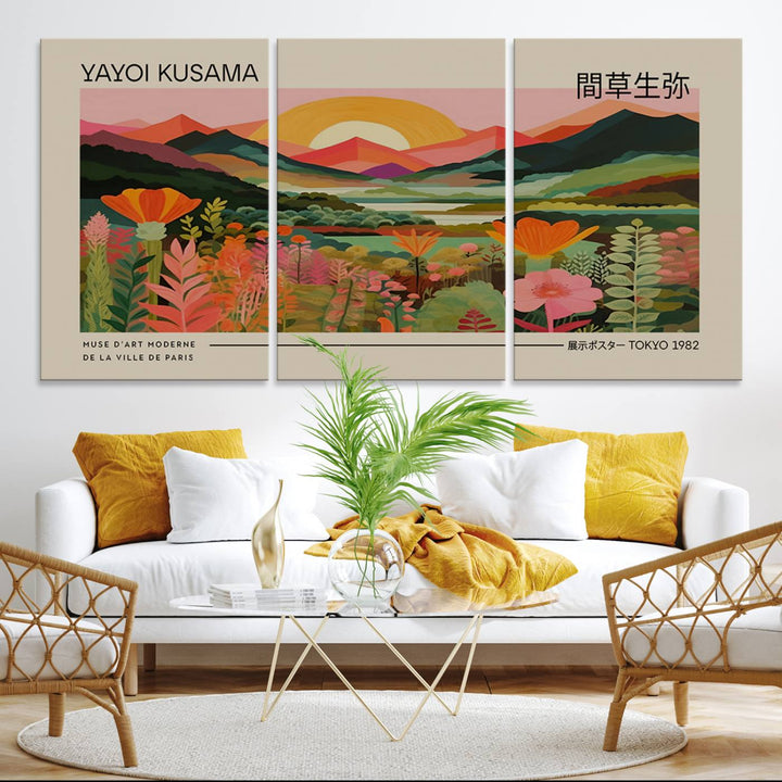 A Yayoi Kusama landscape print and an antique world map enhance the dining area.