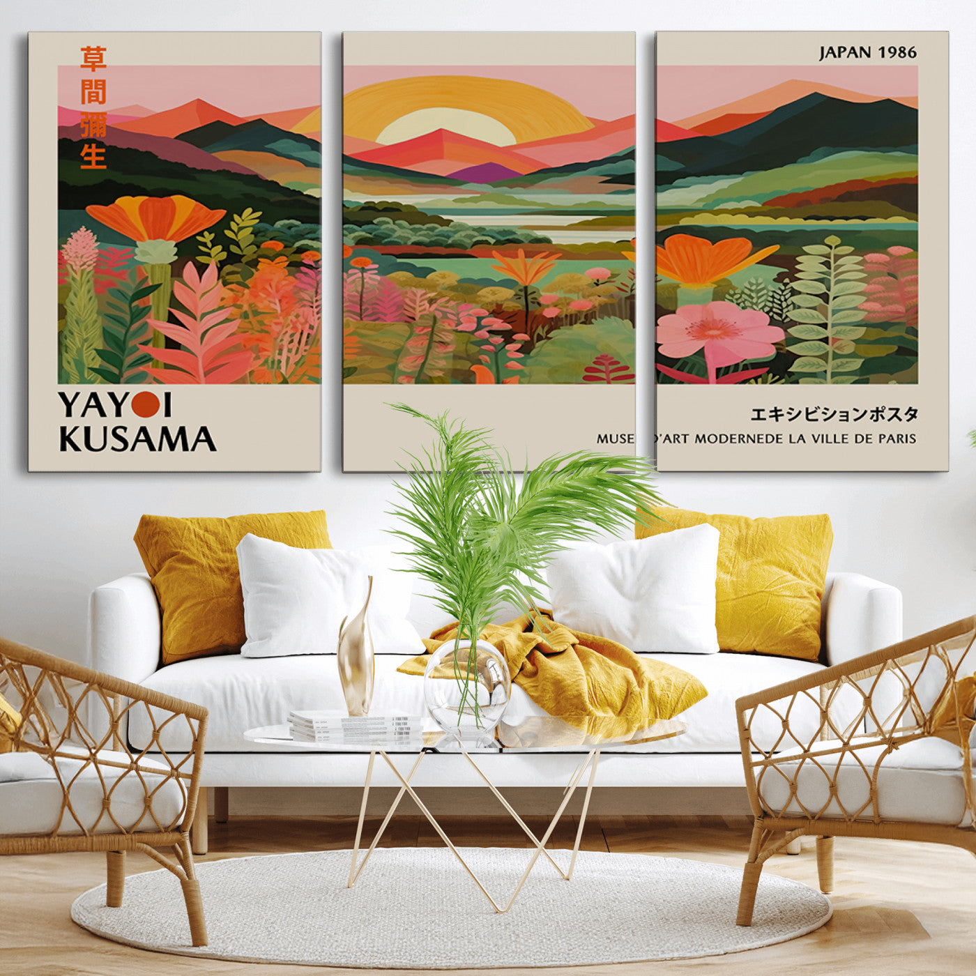 MGV-CV-60X30-3P - Framed Yayoi Kusama Print, Vibrant Floral Mountain Art Print, Botanical Flower Nature Decor, Sunset