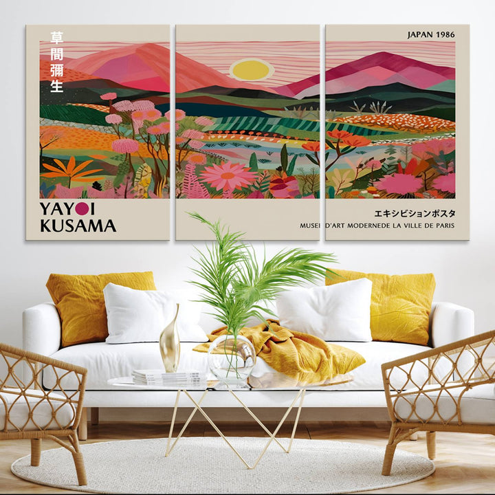 Yayoi Kusama Landscape Canvas Print, featuring a vibrant floral mountain design.