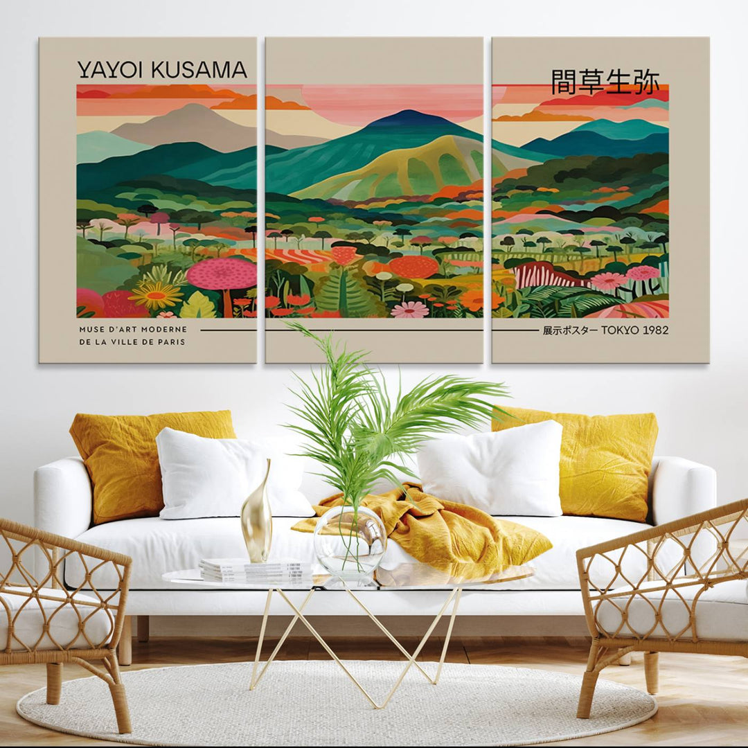 A vibrant floral mountain canvas print by Yayoi Kusama adorns the wall.