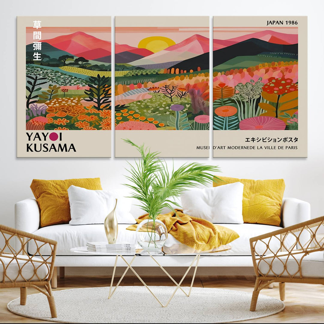 The wall art includes a vintage world map and Yayoi Kusamas colorful landscape.