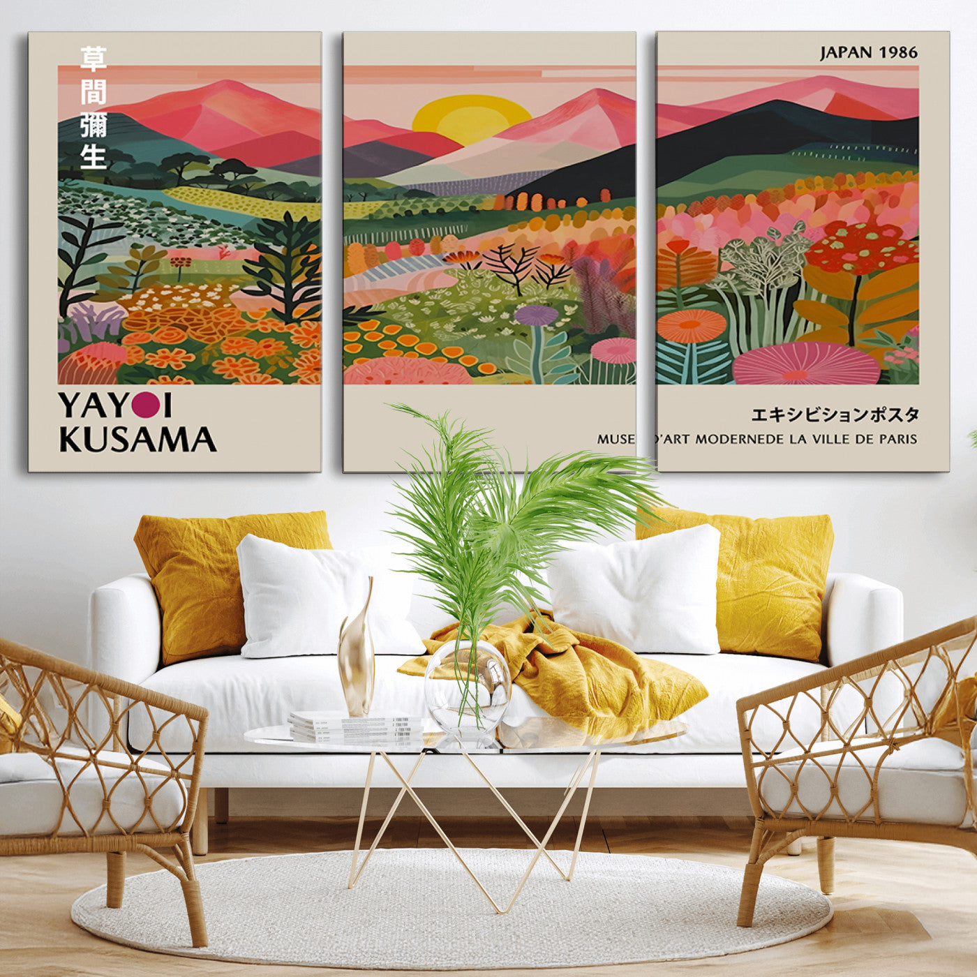MGV-CV-60X30-3P - Yayoi Kusama Landscape Canvas Print, Vibrant Floral Mountain Art Print, Framed Botanical Wall Art -