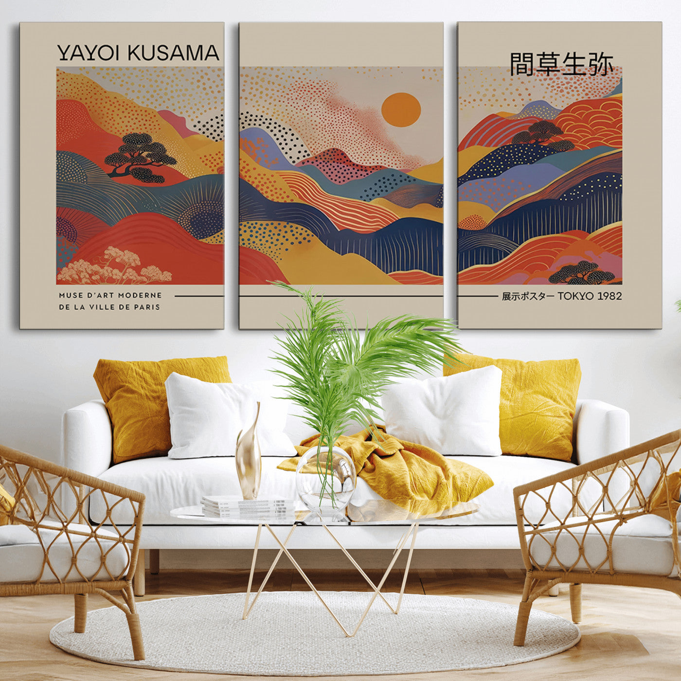 MGV-CV-60X30-3P - Yayoi Kusama Landscape Canvas Print, Vibrant Floral Mountain Art Print, Botanical Flower Nature