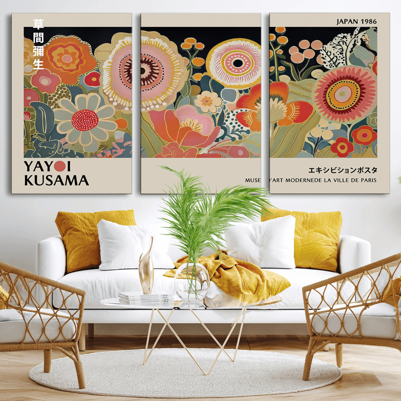 MGV-CV-60X30-3P - Yayoi Kusama Landscape Canvas Print, Vibrant Floral Mountain Art Print, Botanical Flower Nature Decor, Sunset Scenery Artwork