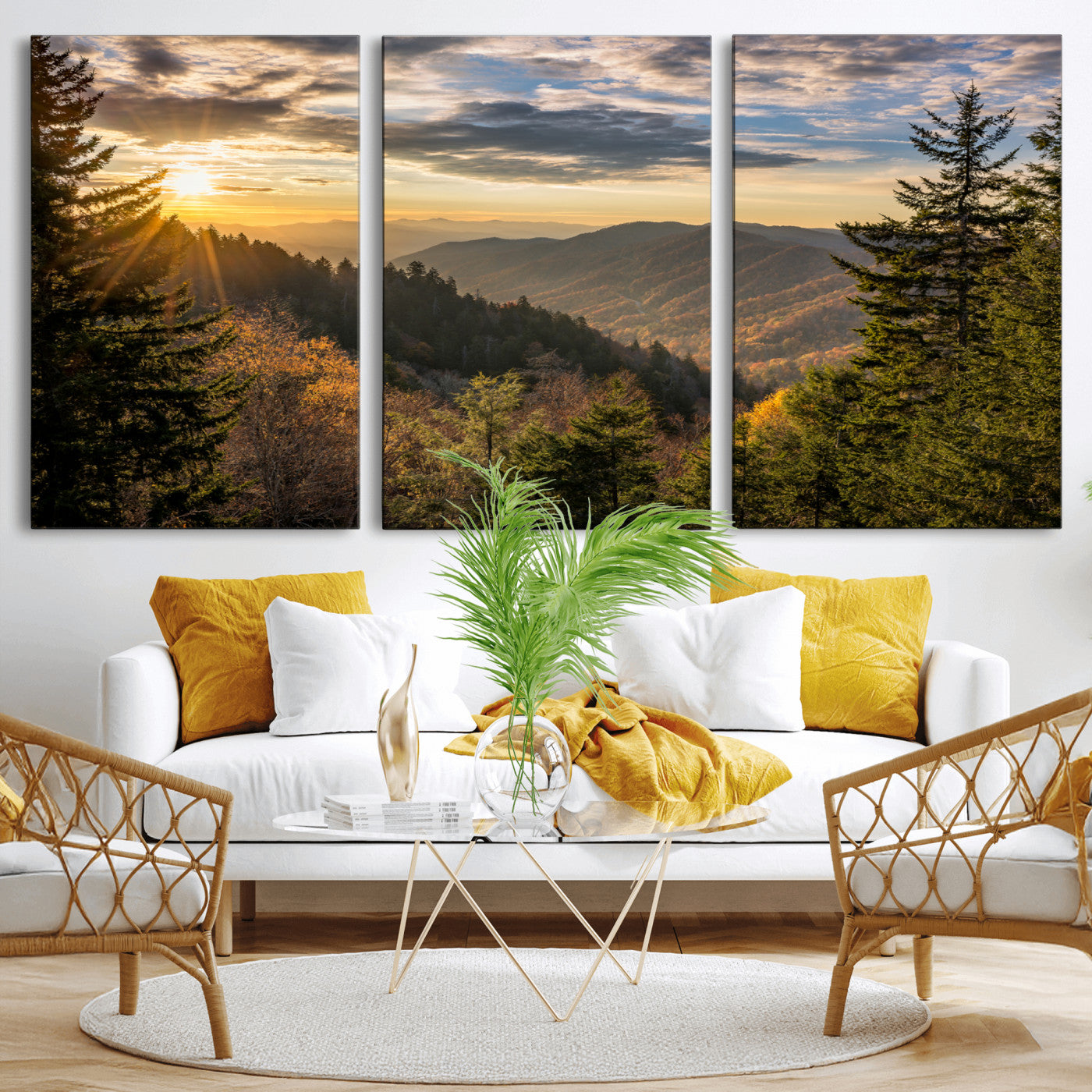 MGV-CV-60X30-3P - Sunrise Over the Smoky Mountains Canvas Wall Art – Breathtaking Scenic Landscape Photography in a