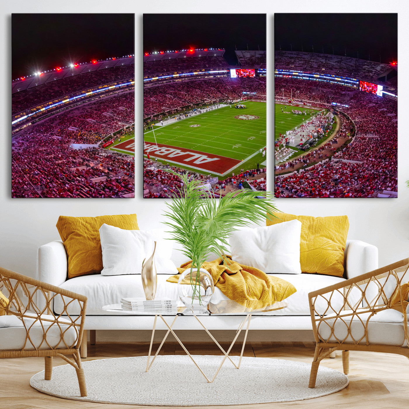 MGV-CV-60X30-3P - Bryant-Denny Stadium Night Game Triple Canvas Wall Art - Alabama Crimson Tide Football Match
