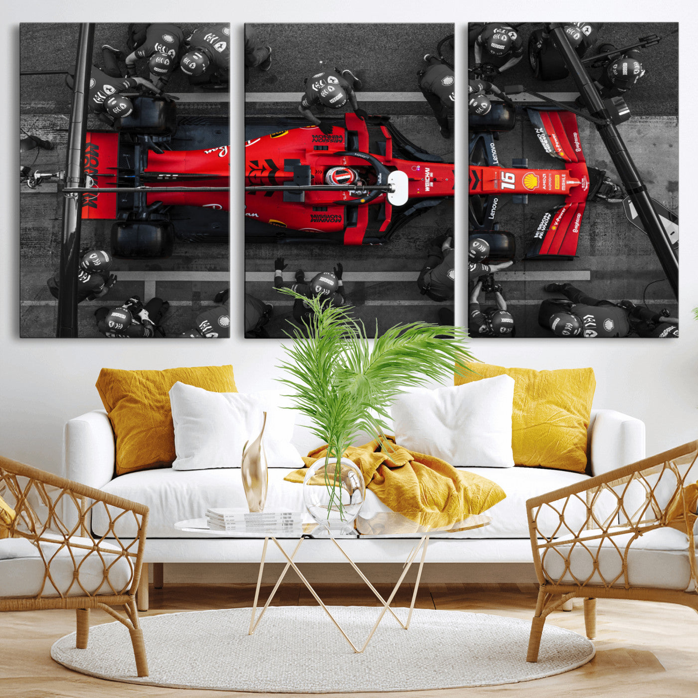 MGV-CV-60X30-3P - Ferrari Pit Stop Canvas Wall Art – Precision and Speed Captured in Bold Motorsport Imagery – Ready