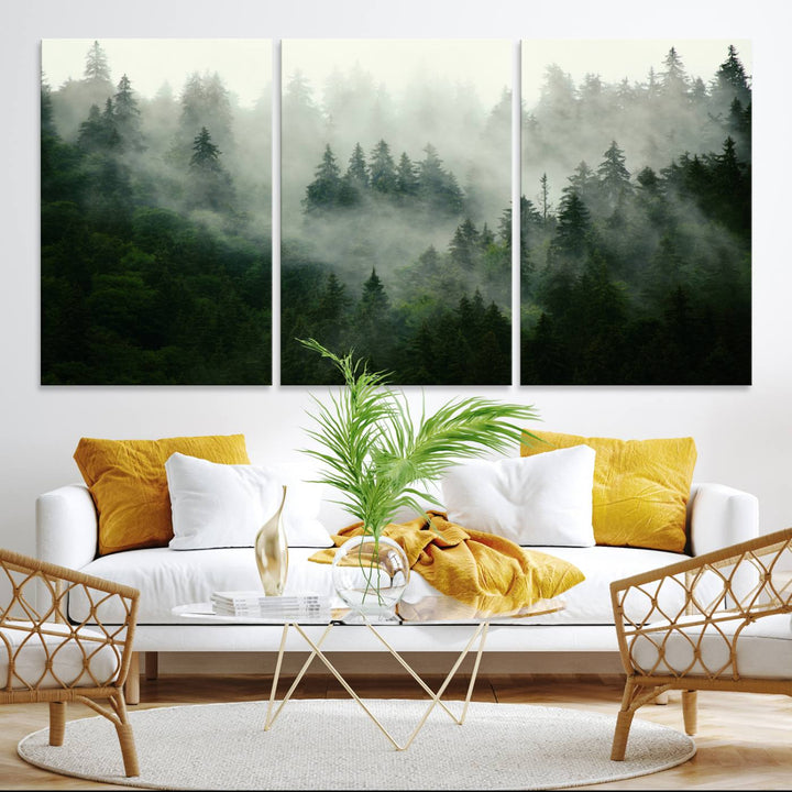 Misty Forest Mountain Wall Art | Large 3-Panel Foggy Landscape Canvas Print | Misty Forest Canvas Art | Nature Wall Art for Home | Mountain Fog Print