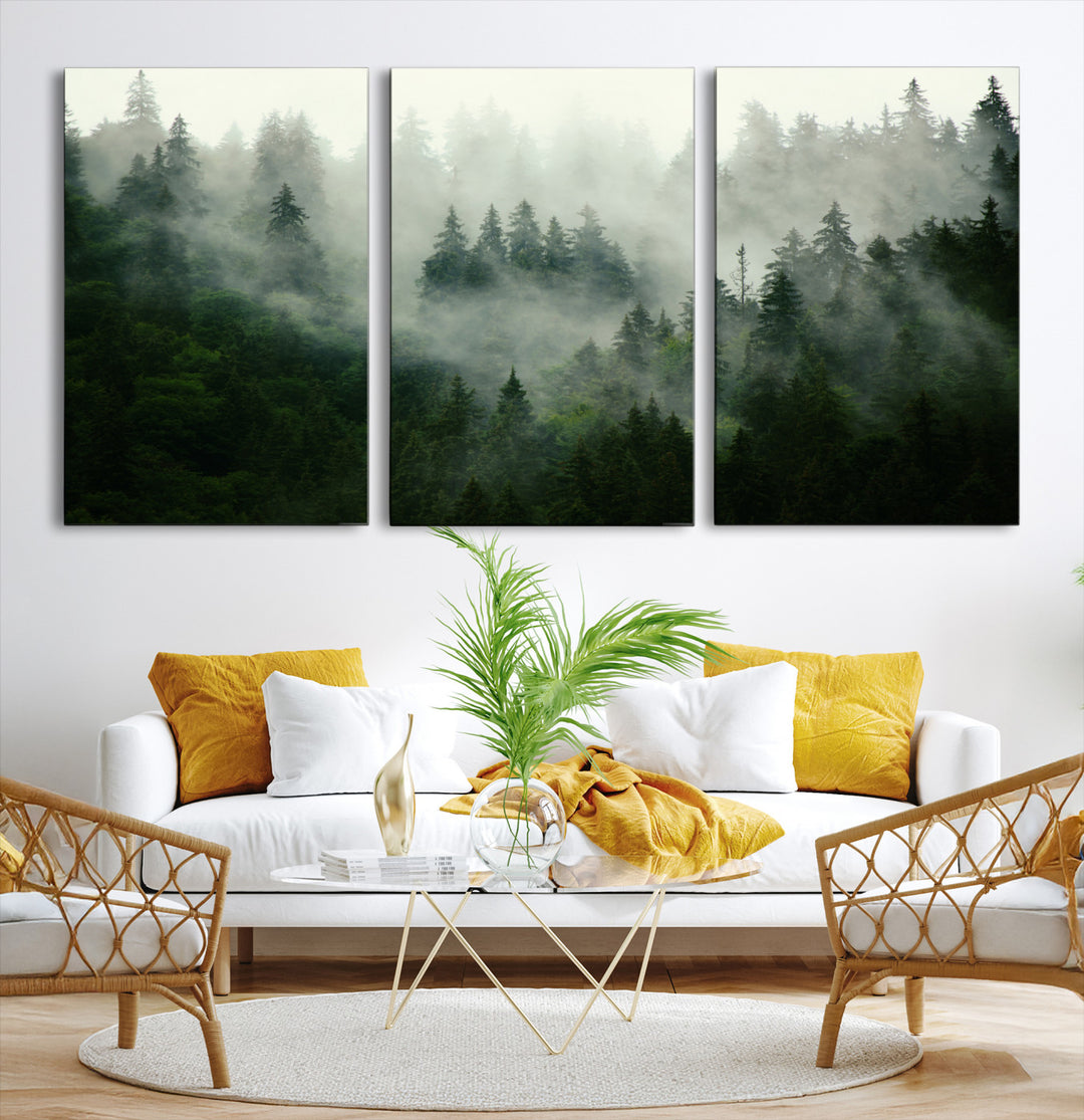 Misty Forest Wall Art Canvas Print - Foggy Forest Landscape Canvas Wall Art – Serene Triptych Nature Print – Woodland Landscape Decor