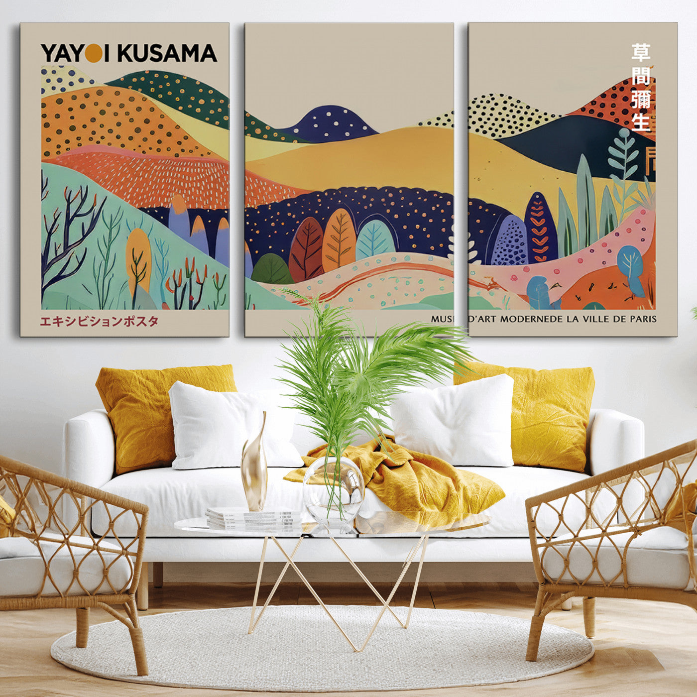 MGV-CV-60X30-3P - Framed Yayoi Kusama 1986 Wall Art Print – Japanese Wall Art Print, Wabi Sabi Yayoi Kusama Print -