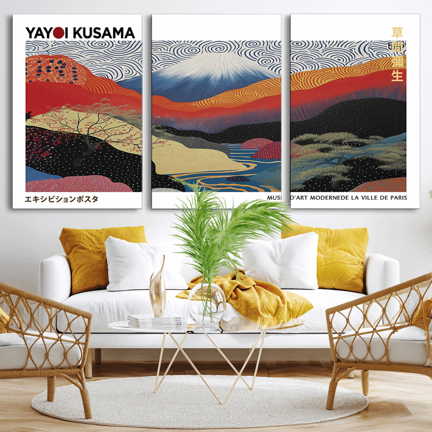 MGV-CV-60X30-3P - Framed Yayoi Kusama 1986 Wall Art Print – Japanese Wall Art Print, Wabi Sabi Yayoi Kusama Print -