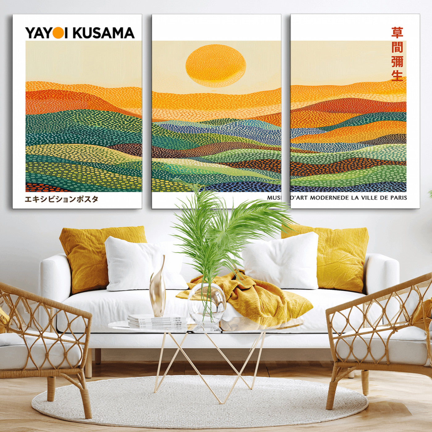 MGV-CV-60X30-3P - Framed Yayoi Kusama 1986 Wall Art Print – Japanese Wall Art Print, Wabi Sabi Yayoi Kusama Print -