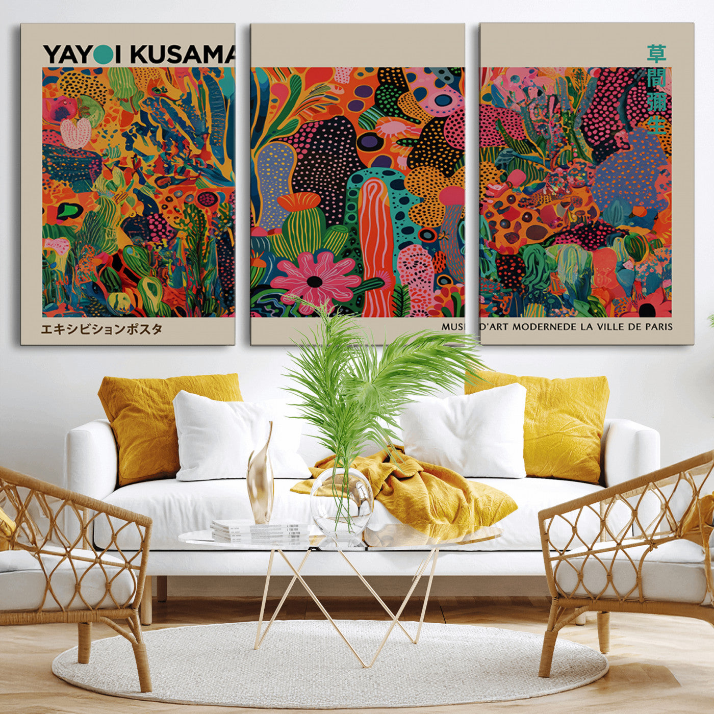 MGV-CV-60X30-3P - Framed Yayoi Kusama 1986 Wall Art Print – Japanese Wall Art Print, Wabi Sabi Yayoi Kusama Print -