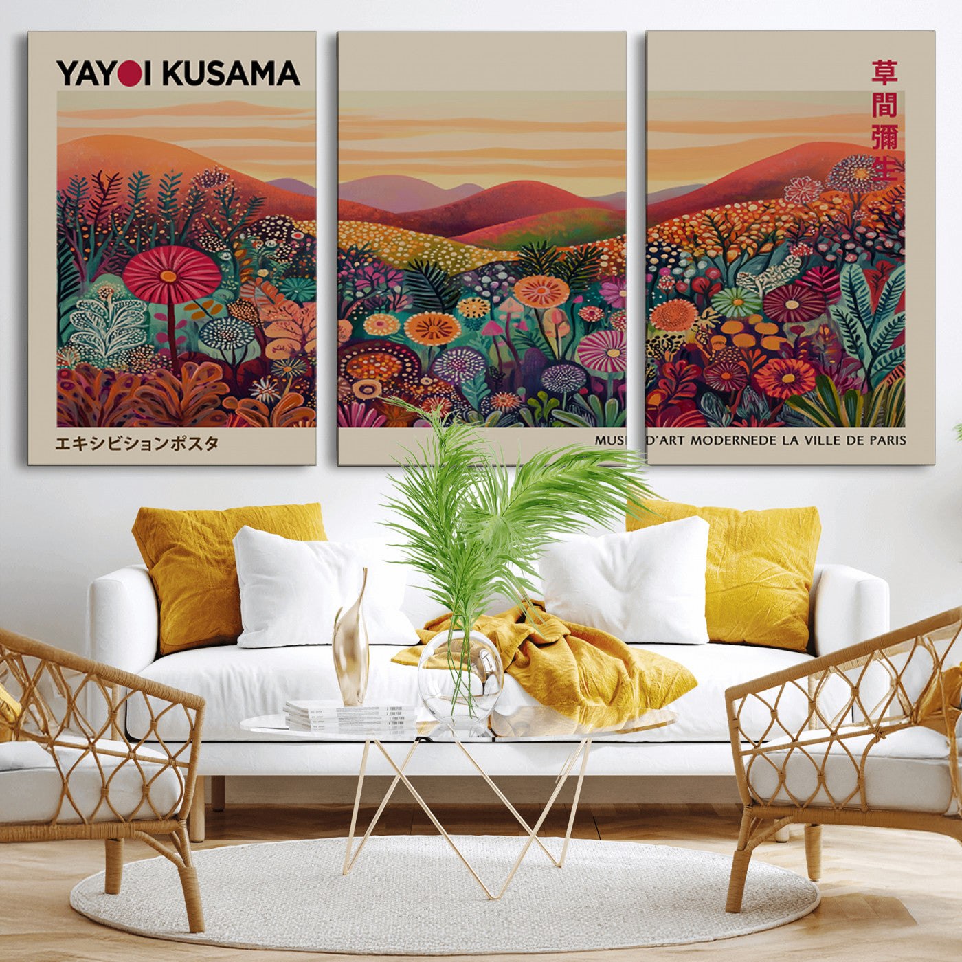 MGV-CV-60X30-3P - Framed Yayoi Kusama 1986 Wall Art Print – Japanese Wall Art Print, Wabi Sabi Yayoi Kusama Print -