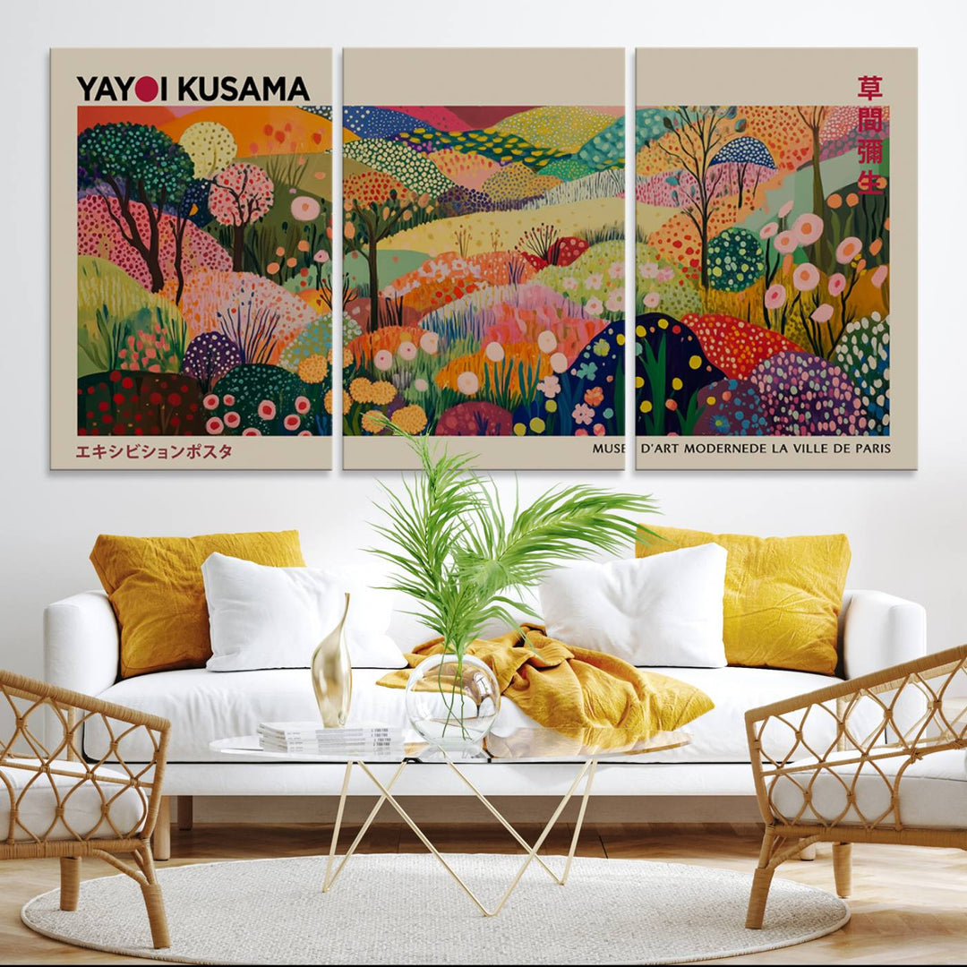 The Framed Yayoi Kusama 1986 Wall Art Print brings vibrant abstract landscapes to enhance the wooden wall.