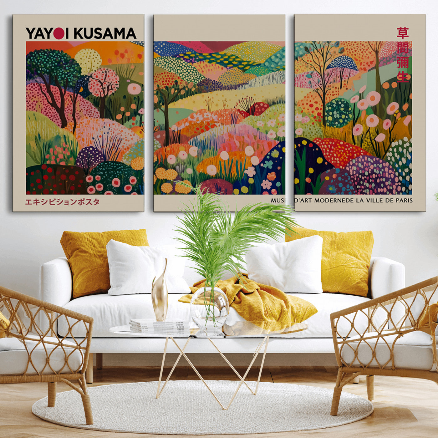 MGV-CV-60X30-3P - Framed Yayoi Kusama 1986 Wall Art Print – Japanese Wall Art Print, Wabi Sabi Yayoi Kusama Print -