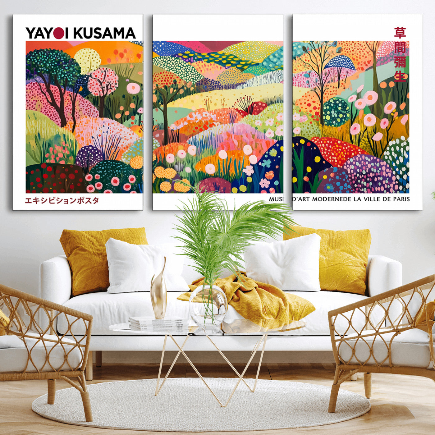 MGV-CV-60X30-3P - Framed Yayoi Kusama 1986 Wall Art Print – Japanese Wall Art Print, Wabi Sabi Yayoi Kusama Print -