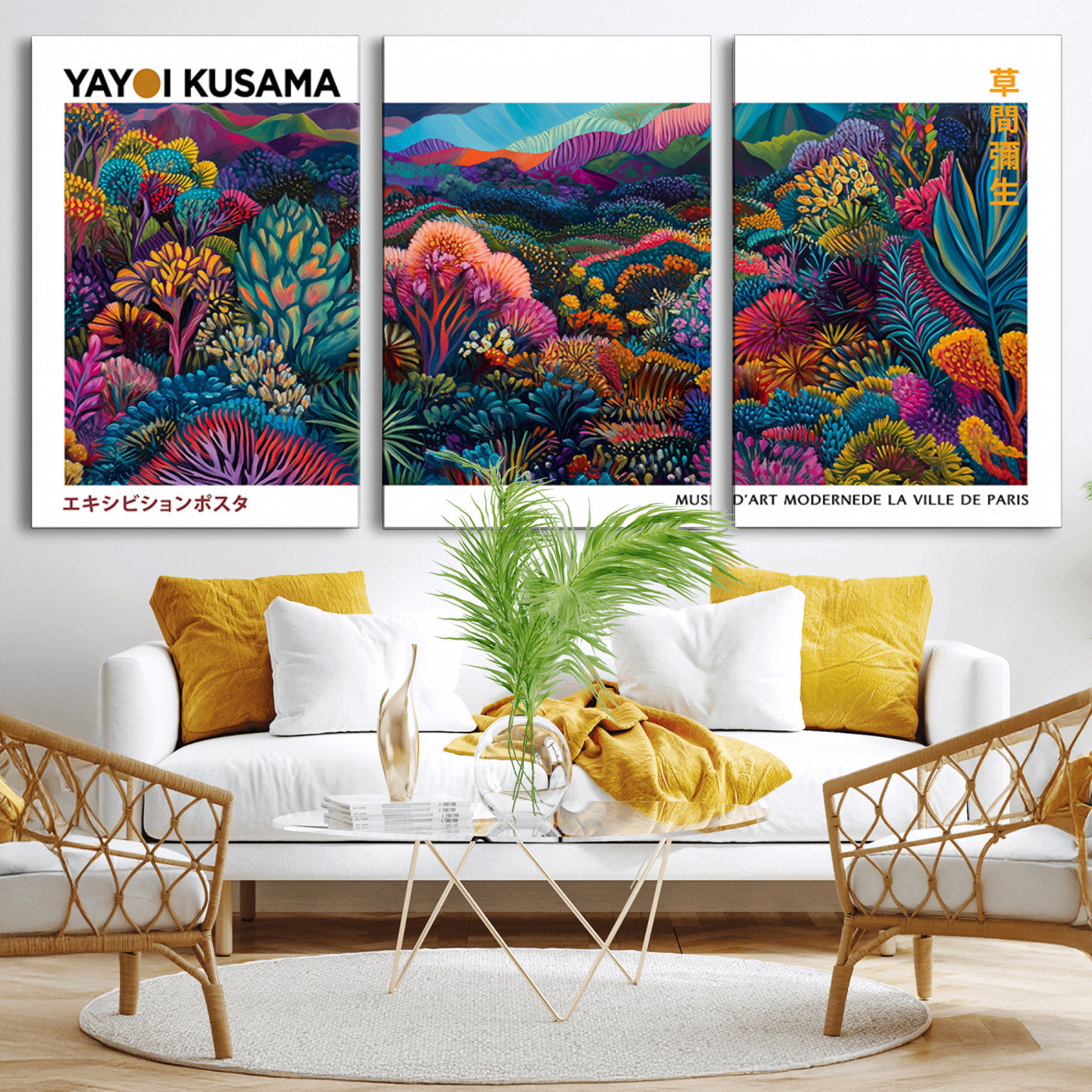 MGV-CV-60X30-3P - Framed Yayoi Kusama 1986 Wall Art Print – Japanese Wall Art Print, Wabi Sabi Yayoi Kusama Print -