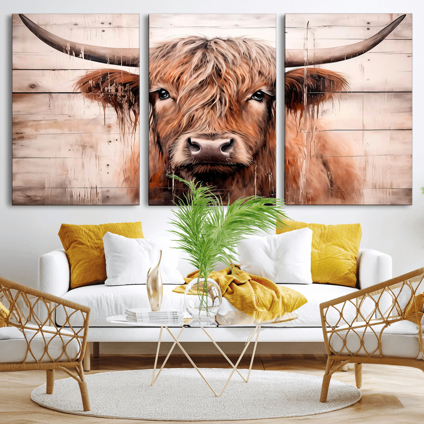 MGV-CV-60X30-3P - Vintage Scottish Highland Cow Cattle Art Print Farmhouse Wall Art Canvas Print