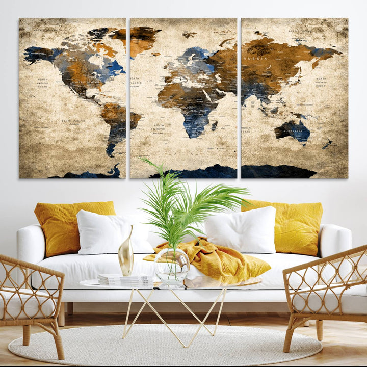 A Vintage World Map Canvas featuring brown, blue, and white on a textured background. Ideal for wall art in living rooms or offices.