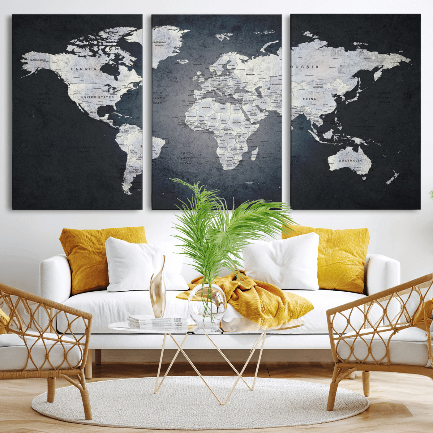 MGV-CV-60X30-3P - World Map Wall Art Canvas Print for Home and Office Decor