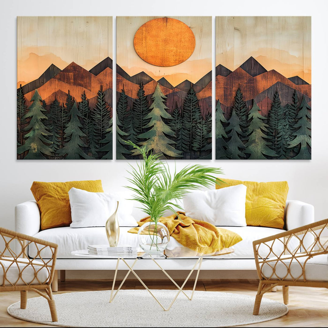 Sunset Mountain Landscape canvas wall art print featuring forest and wooden textures in green, brown, and orange.