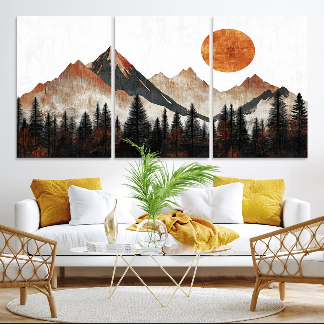 A Modern Abstract Mountain Canvas Wall Art Print features a rustic sun and mountains design.