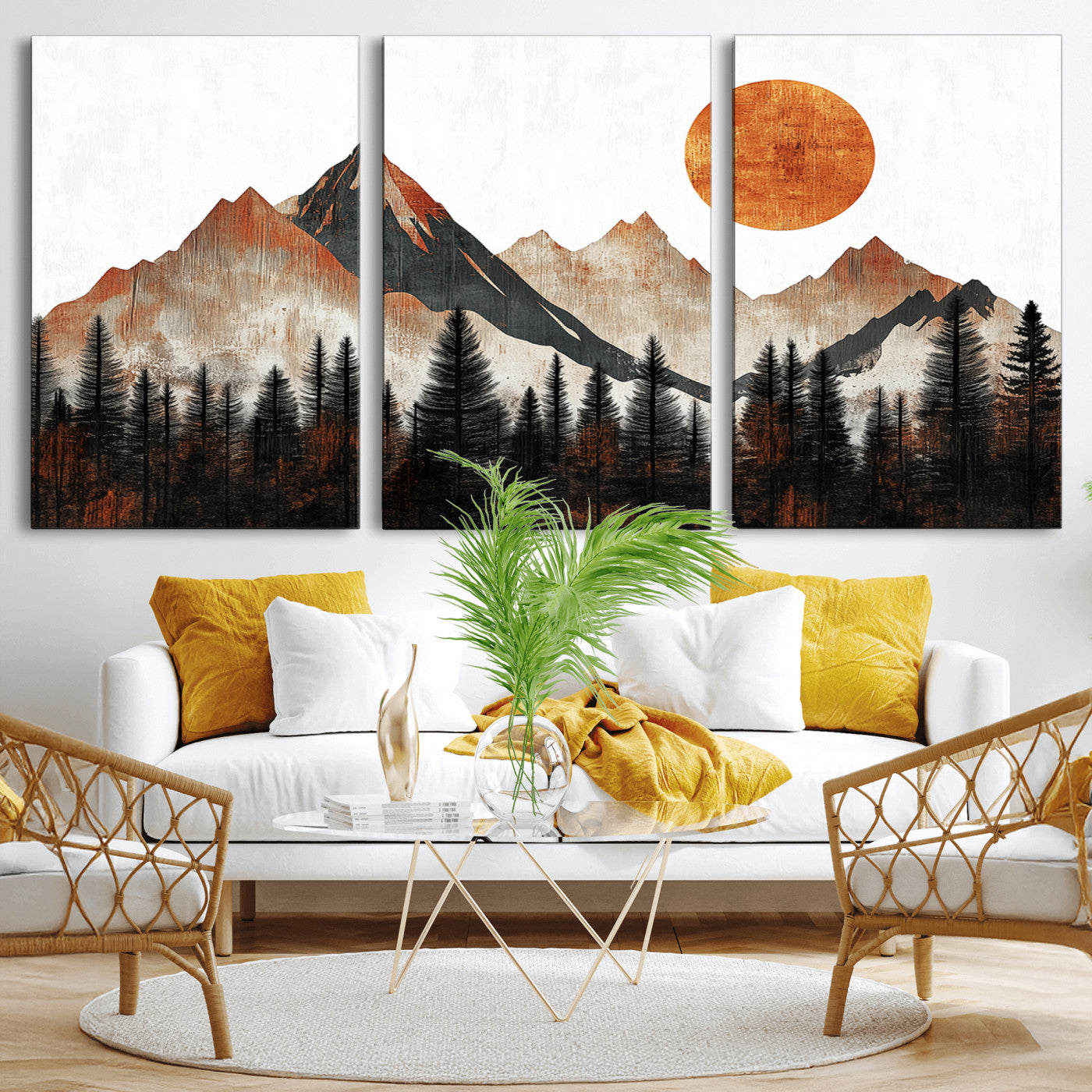 MGV-CV-60X30-3P - Modern Abstract Mountain Canvas Wall Art Print, Abstract Landscape Print, Rustic Sun and Mountains