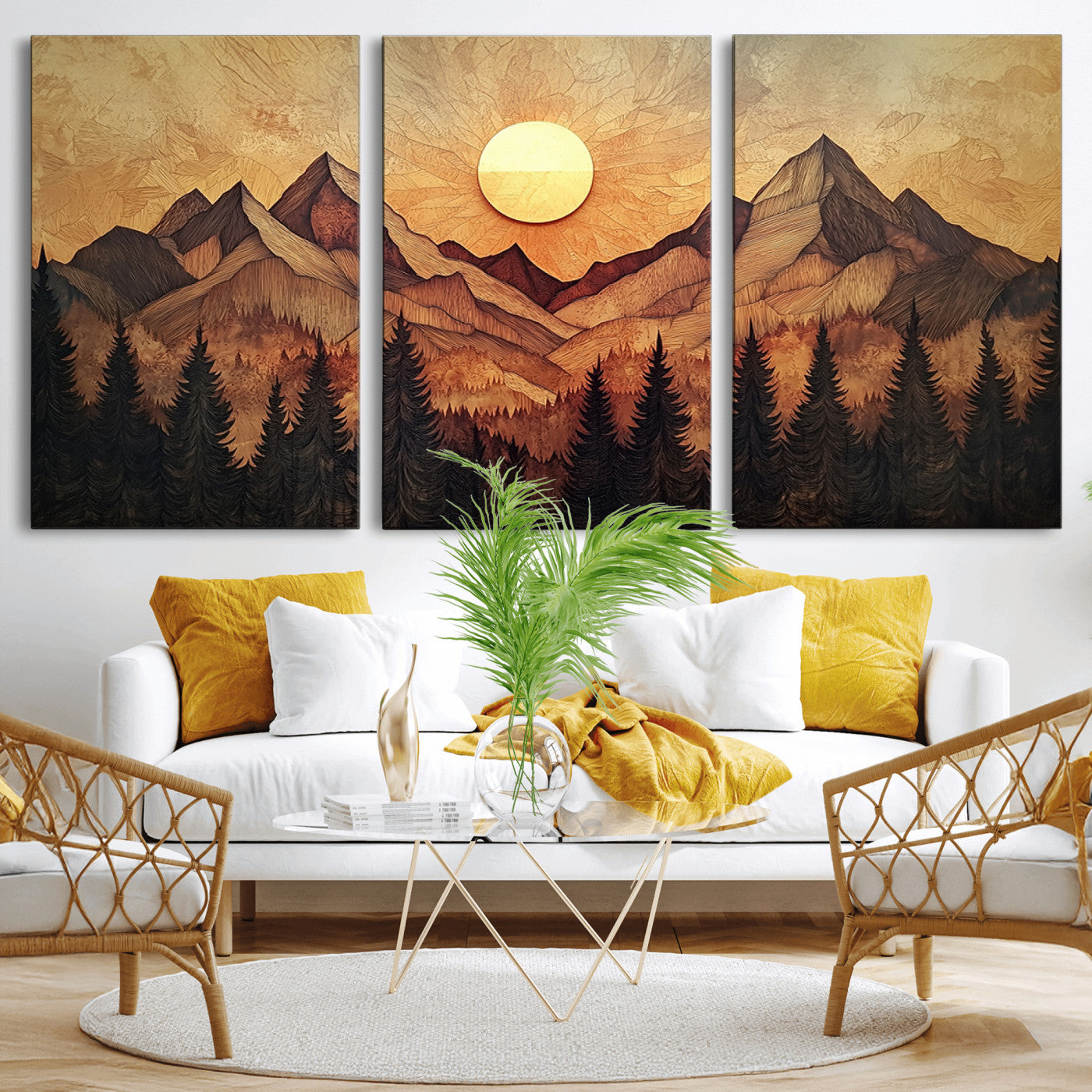 MGV-CV-60X30-3P - Wood Style Abstract Mountain Sunset Canvas Wall Art Print - Warm Earth Nature-Inspired Decor for