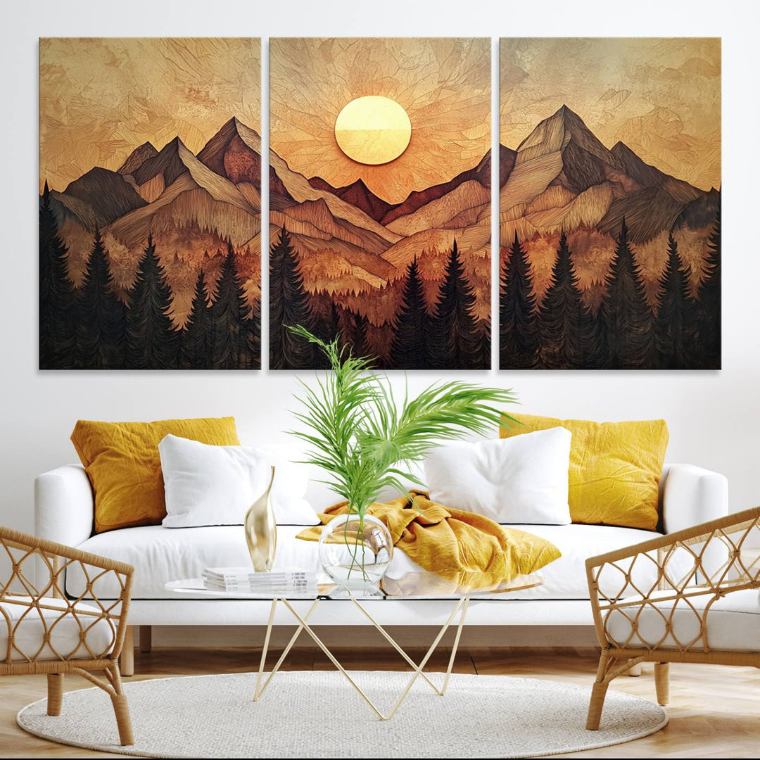 The dining area features a Wood Style Abstract Mountain Sunset canvas wall art print.