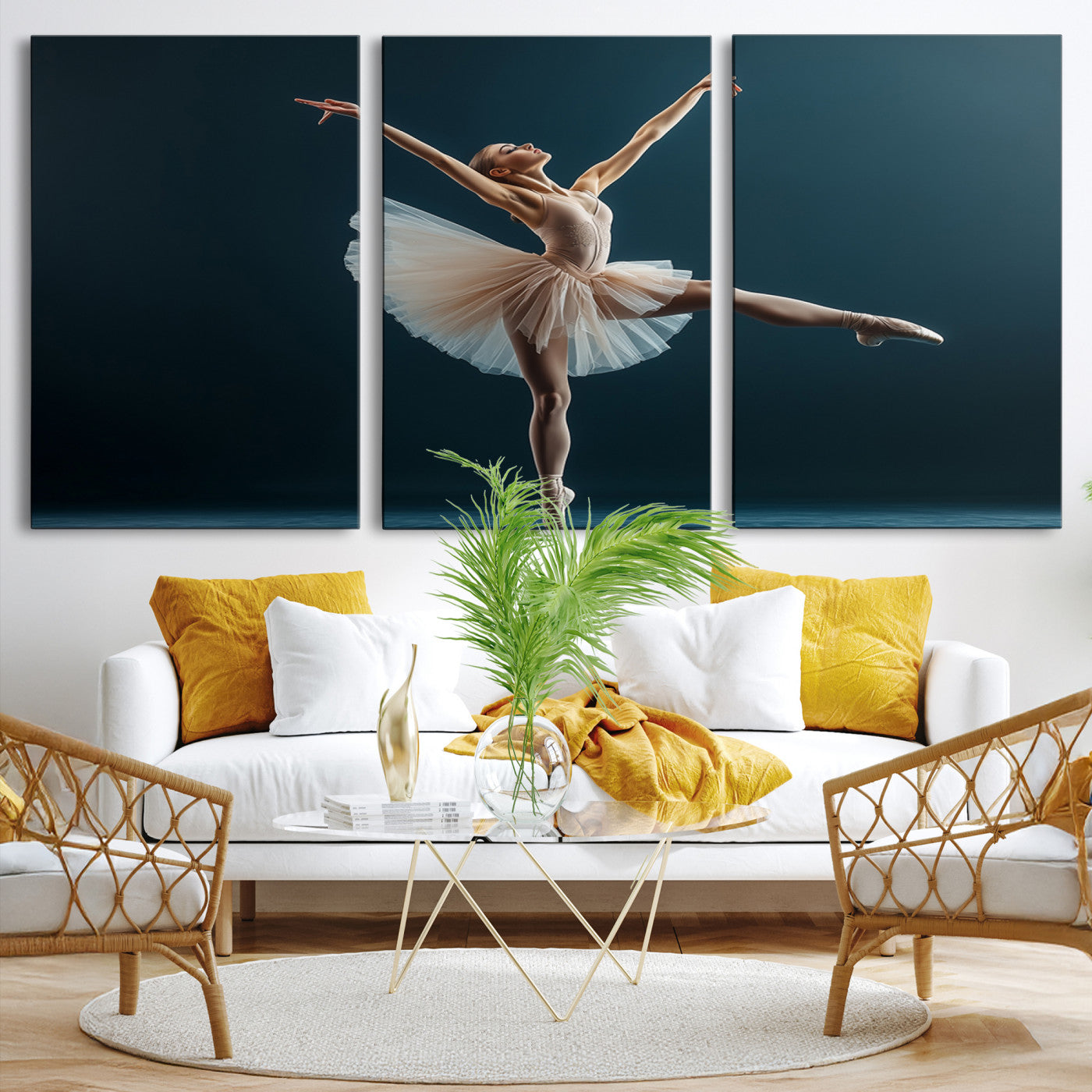 An elegant ballerina captured mid-pose on pointe, radiating grace and strength in a perfectly lit studio setting, her tutu fanned out in delicate symmetry.