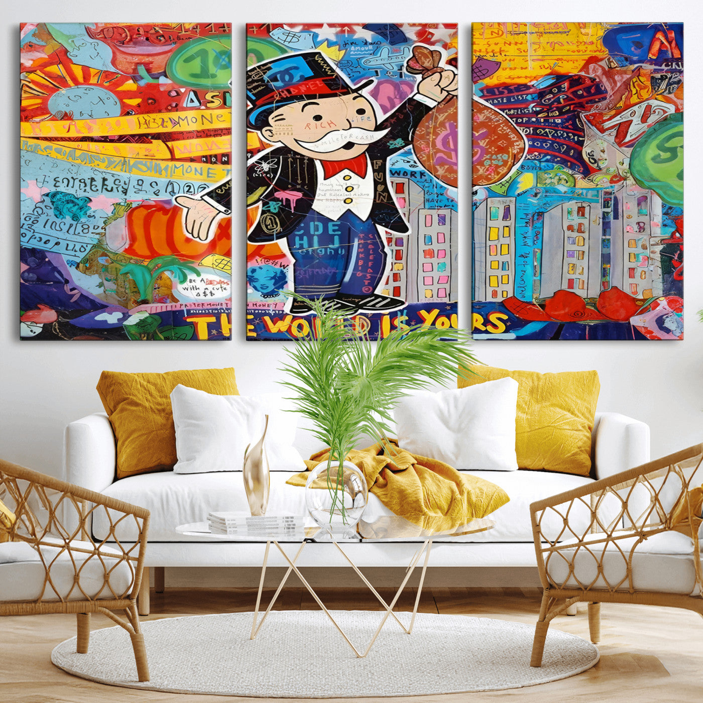 MGV-CV-60X30-3P - Pop Art Monopoly Man Canvas Wall Art Print - Bold and Colorful Street Art-Inspired Decor for Living
